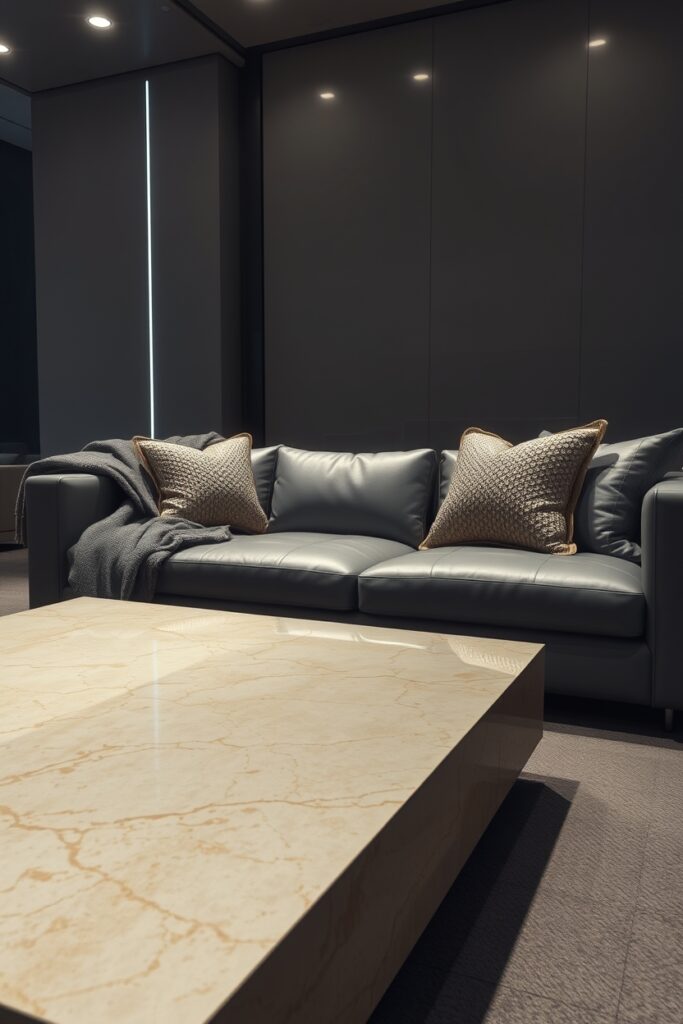 beige marble coffee table with grey couch